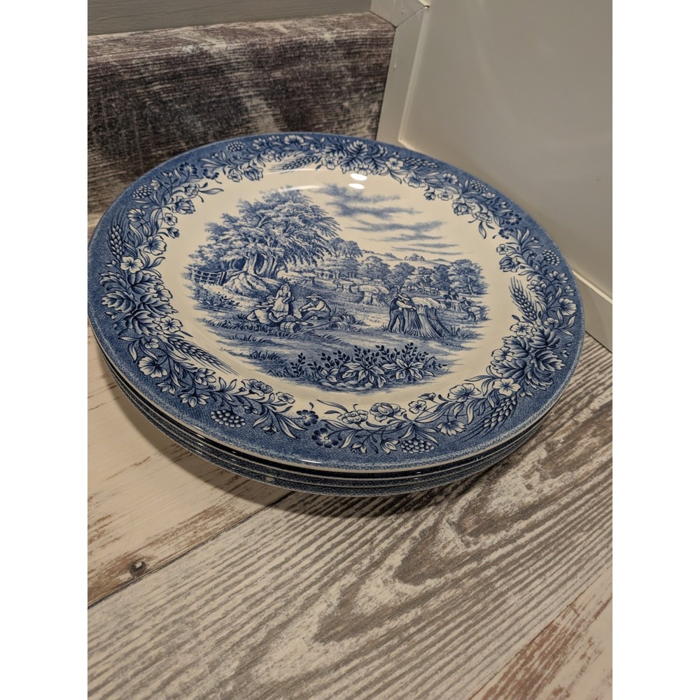 Blue And White Churchill Currier & Ives "Harvest" Heritage 10.25 Plate Set of 4